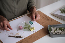 Woman Fixes Glass Plates. A Picture Of Dried Flowers. Master Class On Creating Frame. Be More Creatively Engaged. A Life Of Happiness And Fulfillment
