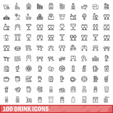 100 Drink Icons Set, Outline Style