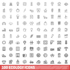 Poster - 100 ecology icons set, outline style