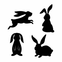 Bunny Vector Black Set. Silhouettes Of Rabbits In Different Poses. Vector Isolated Images On White Background.