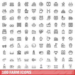 Poster - 100 farm icons set, outline style
