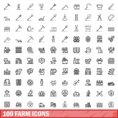 Sticker - 100 farm icons set, outline style