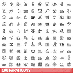 Poster - 100 farm icons set, outline style