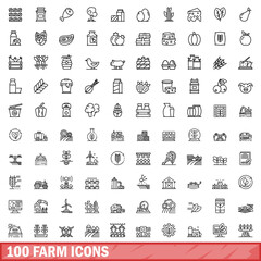 Poster - 100 farm icons set, outline style