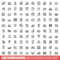 Poster - 100 farm icons set, outline style