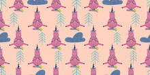 Scandinavian Unicorn Seamless Pattern With Cloud And Tree. A Pink Horse With A Horn Sits On A Pink Background. Children's Textile With A Bright Rainbow