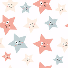 Poster - Cute seamless pattern with pastel character stars on a white background. Trendy funny cartoon design. Vector illustration
