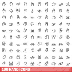 Poster - 100 hand icons set, outline style