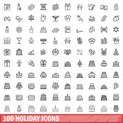 Poster - 100 holiday icons set, outline style