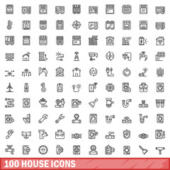 Poster - 100 house icons set, outline style