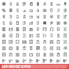Poster - 100 house icons set, outline style