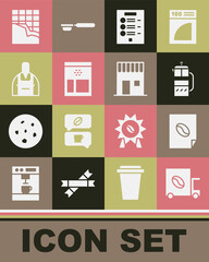 Sticker - Set Coffee street truck machine, poster, French press, menu, Bag coffee beans, Barista, Chocolate bar and shop icon. Vector