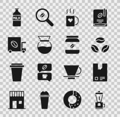 Canvas Print - Set Electric coffee grinder, Bag beans, Coffee, cup and heart, Pour over maker, street truck machine, Bottle with milk and jar bottle icon. Vector