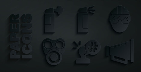 Sticker - Set Protest, Special forces soldier, Gas mask, Megaphone, Pepper spray and icon. Vector