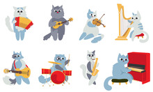 Set Of Cat Musicians. Cute Characters In Doodle Flat Style
