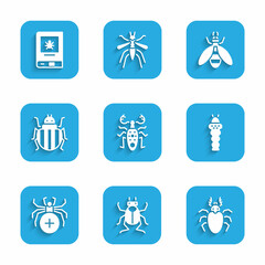 Sticker - Set Beetle deer, bug, Larva insect, Spider, Colorado beetle, and Book about icon. Vector