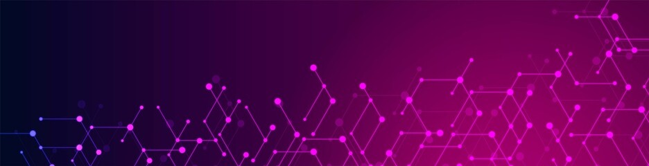 Poster - Vector abstract neon background. A pattern of destroyed hexagons with circles, dots. Plexus technology. Digital networks. Molecules of matter. Poster for social networks, medicine, websites.