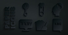 Set Sand In Bucket With Shovel, Baby Dummy Pacifier, ABC Book, Clothes Pin And Rattle Baby Toy Icon. Vector