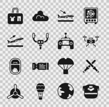 Set Pilot Hat, Marshalling Wands, Drone Flying, Plane Landing, Aircraft Steering Helm, Takeoff, Suitcase And Remote Control Icon. Vector