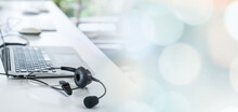 Headset And Customer Support Equipment At Call Center Ready For Actively Service . Corporate Business Help Desk And Telephone Assistance Concept .
