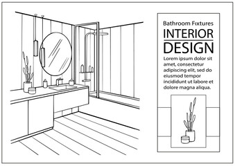 Sketch interior bathroom with closet. Line drawing modern design home interior. Vector illustration washbasin, bath, mirror, tiles, lighting.