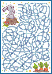 Wall Mural - Kids maze game. Labyrinth for children. Riddle find way bunny to carrots. Education activity page. Vector illustration.