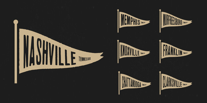 Set flag graphic. Old vintage trendy flag with city of Tennessee. Vintage banner with ribbon flag.