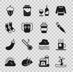 Sticker - Set Bare tree, Cup of tea with tea bag, Umbrella, Wine bottle glass, School backpack, Socks, Acorn and Coffee cup to go icon. Vector