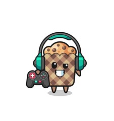 Wall Mural - muffin gamer mascot holding a game controller