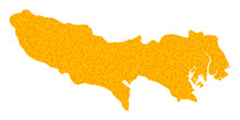 Vector Gold Map Of Tokyo Prefecture. Map Of Tokyo Prefecture Is Isolated On A White Background. Gold Particles Mosaic Based On Solid Yellow Map Of Tokyo Prefecture.