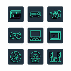 Canvas Print - Set line CD or DVD disk, Home stereo with two speakers, Cinema camera, auditorium screen, Comedy and tragedy masks, Movie clapper and Online play video icon. Vector