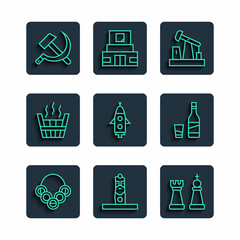 Canvas Print - Set line Russian bagels, Slavic pagan idol, Chess, Oil pump or pump jack, Rocket ship, Sauna bucket, Hammer and sickle USSR and Bottle of vodka with glass icon. Vector