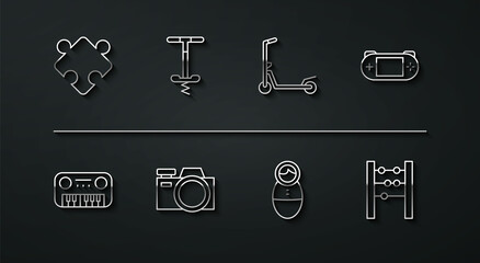 Poster - Set line Puzzle pieces toy, Toy piano, Portable video game console, Tumbler doll, Photo camera, Pogo stick jumping, Abacus and Scooter icon. Vector