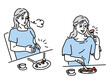 ご飯を食べる、満腹のイラスト(食事、ディナー、胃もたれ、女性、食べ過ぎ) An illustration of a full meal.Meals, dinner, heavy stomach, women, overeating.