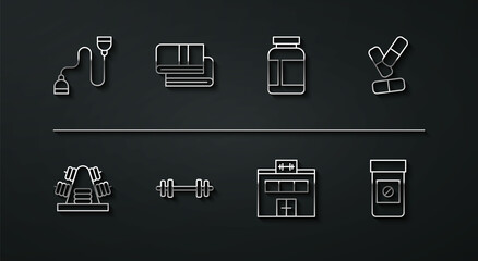 Wall Mural - Set line Chest expander, Metal rack with weights, Vitamin pill, Gym building, Barbell, Towel stack, Anabolic drugs and Sports nutrition icon. Vector