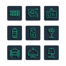 Set Line Taxi Car, Covered With Tray, Table Lamp, Identification Badge, Please Do Not Disturb, Trash Can, Heating Radiator And Martini Glass Icon. Vector