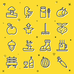 Sticker - Set line Umbrella, Cup of tea with tea bag, Beet, Jar honey and dipper stick, Scarecrow, Apple, Mushroom and Garden rake icon. Vector