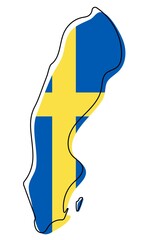 Wall Mural - Stylized outline map of Sweden with national flag icon. Flag color map of Sweden illustration.