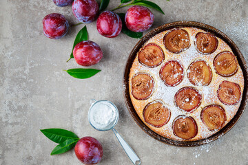 Pie with red fresh plums and green leaves.