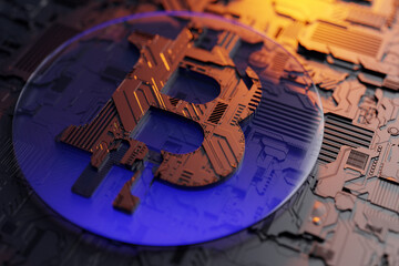 Poster - 3d illustration of a realistic bitcoin model on the background of a metallic, technological coating 