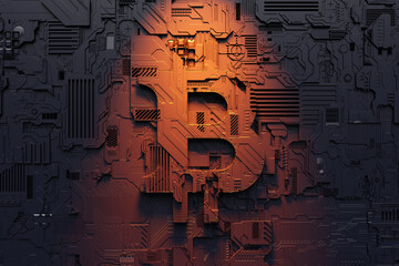 Poster - 3d illustration of a realistic bitcoin model on the background of a robot or black cyber armor. clos