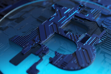 Poster - 3d illustration of a realistic bitcoin model on the background of a metallic, technological coating 