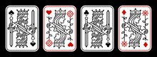 King And Queen Playing Card Vector Illustration Set Of Hearts, Spade, Diamond And Club, Royal Cards Design Collection