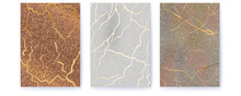 Set Of Posters With Texture Of Marble. Golden Veins Cracks In Granite.