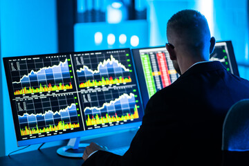 Poster - Stock Trader Man Using Multiple Computers