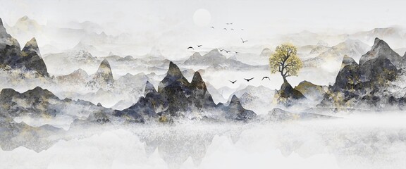 Wall Mural - Hand drawn background of Chinese style ink landscape painting