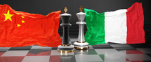 China Italy Talks, Meeting Or Trade Between Those Two Countries That Aims At Solving Political Issues, Symbolized By A Chess Game With National Flags, 3d Illustration