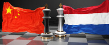 China Netherlands Talks, Meeting Or Trade Between Those Two Countries That Aims At Solving Political Issues, Symbolized By A Chess Game With National Flags, 3d Illustration