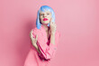 fashionable woman in blue wig pink dress red lips studio model