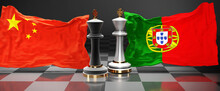 China Portugal Talks, Meeting Or Trade Between Those Two Countries That Aims At Solving Political Issues, Symbolized By A Chess Game With National Flags, 3d Illustration
